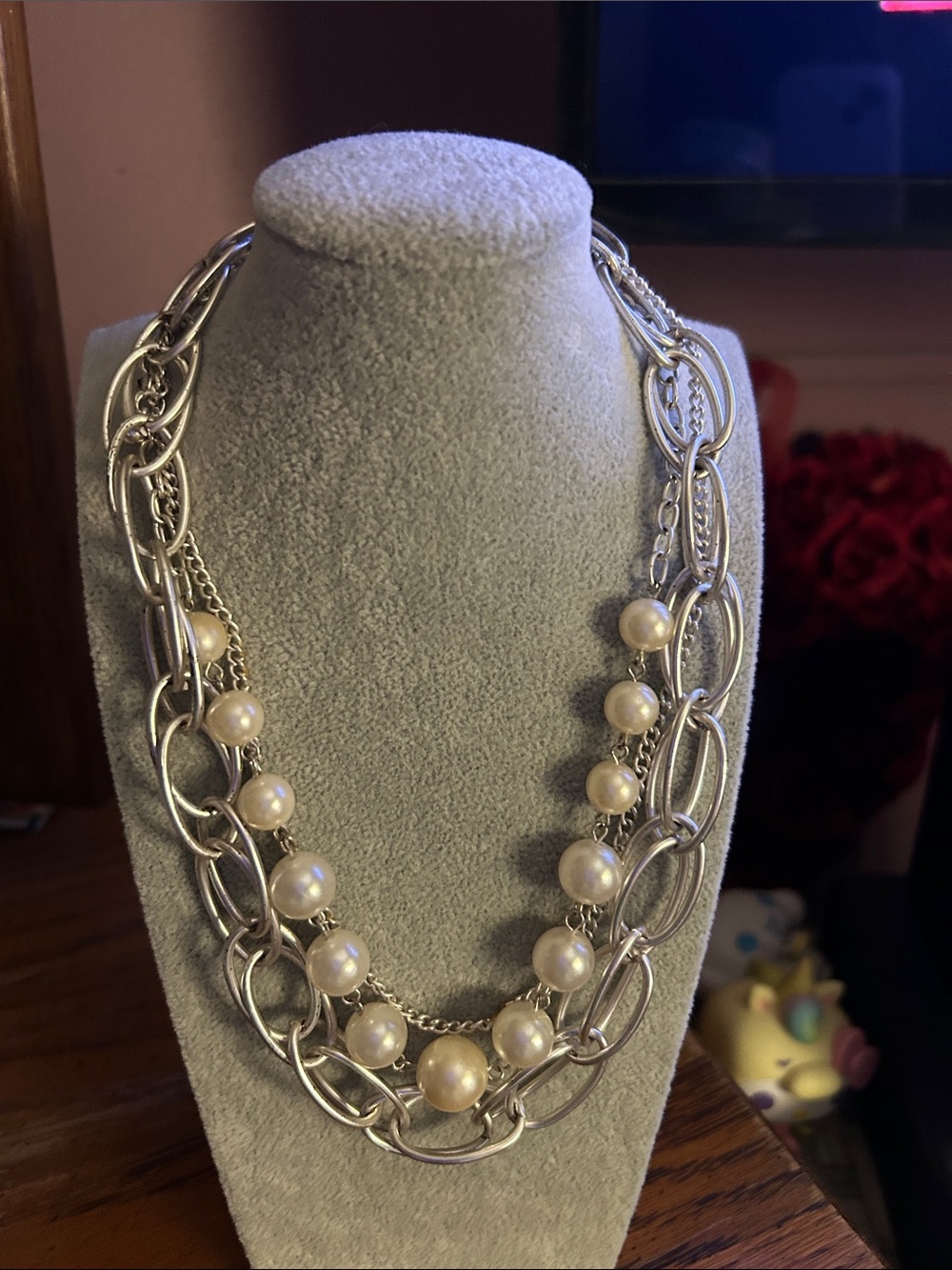 Silver Faux Pearl Accent Multi-Chain Necklace